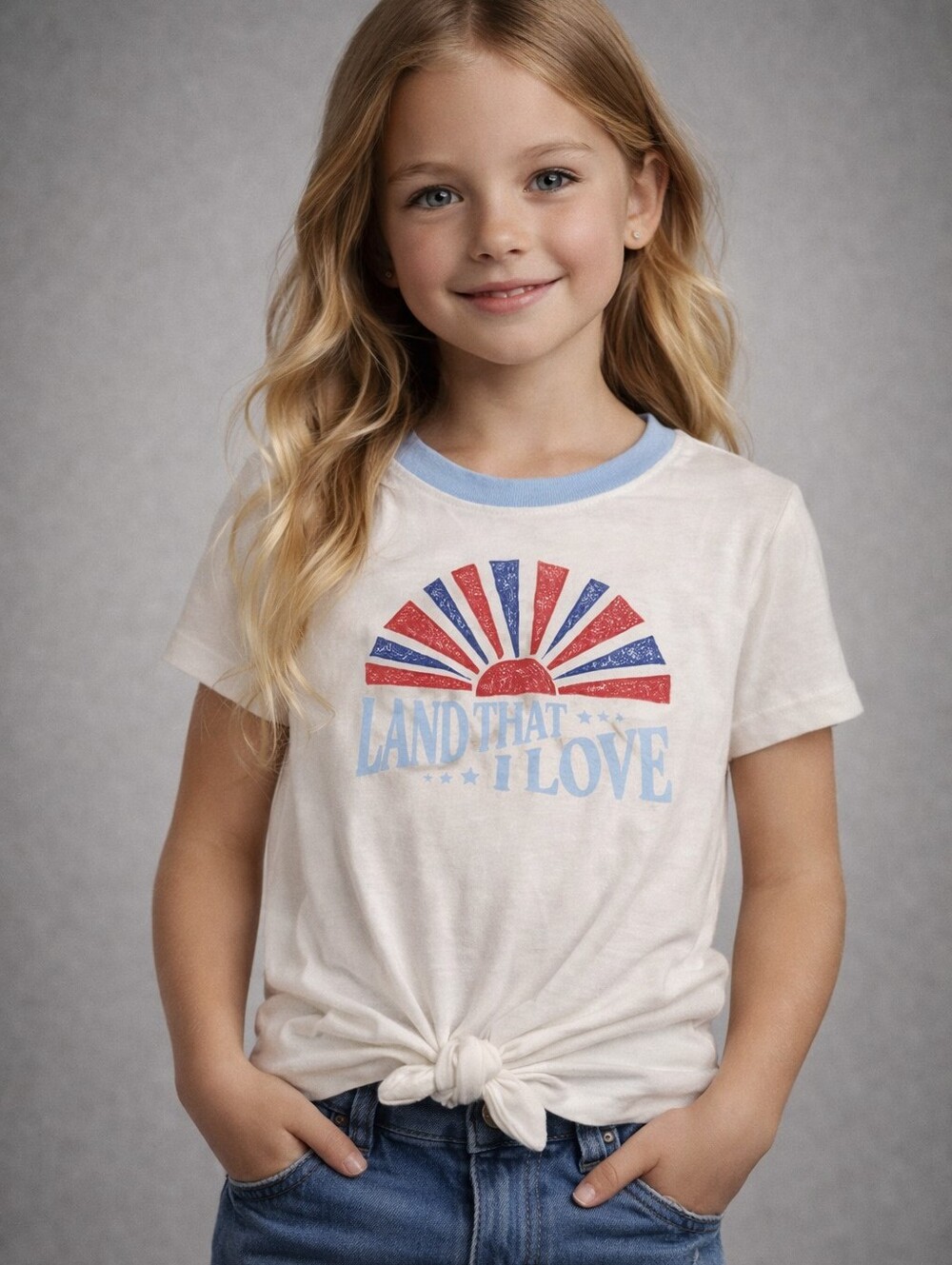 wonder nation Cream Tee with Blue Trim and Red/Blue Sunburst Graphic